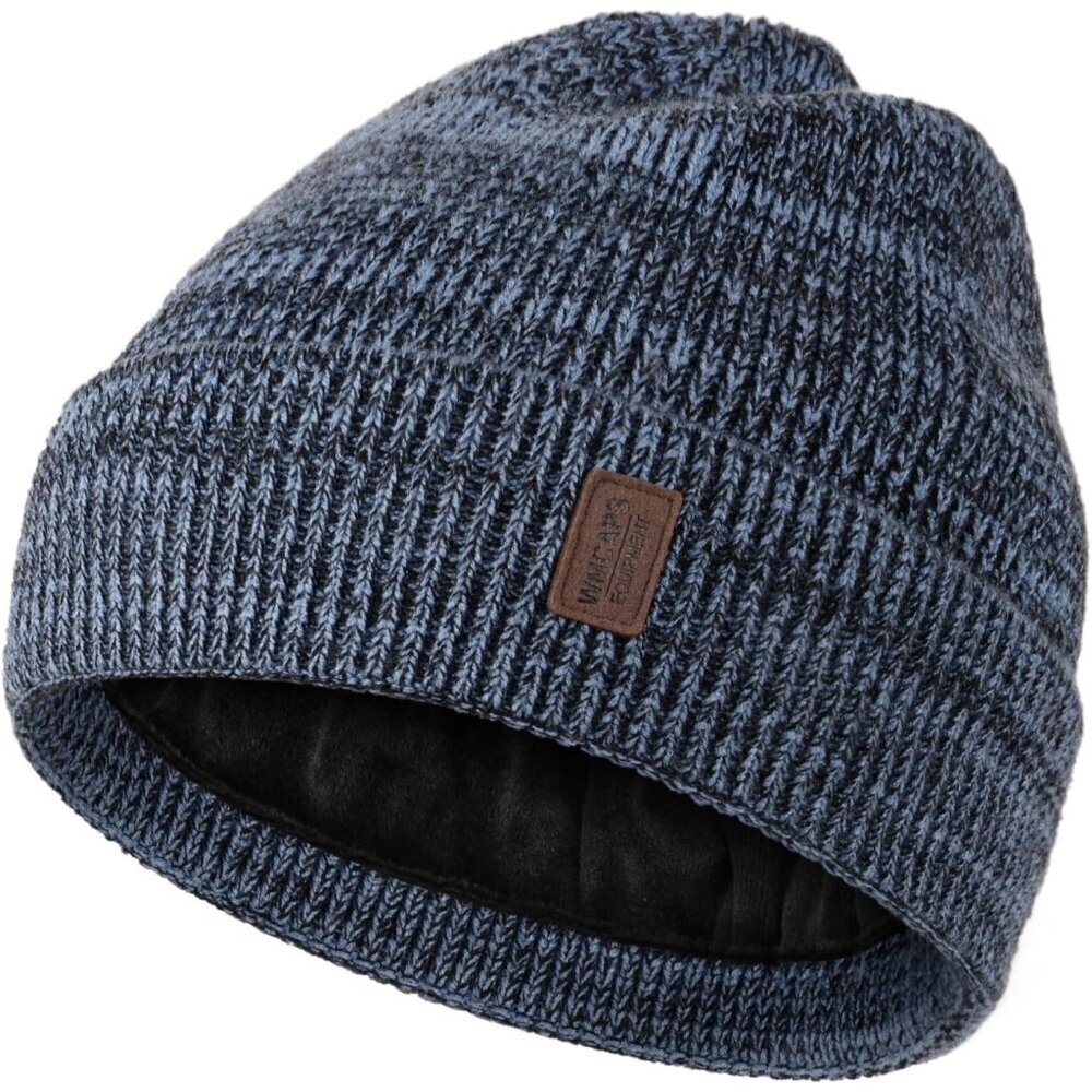 Men's Blue Black Fleece Lined Beanie Soft Winter Warm Ski Stocking Cap Knit Hat